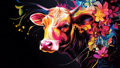 Colorful cow portrait blooming with joyful floral energy.
