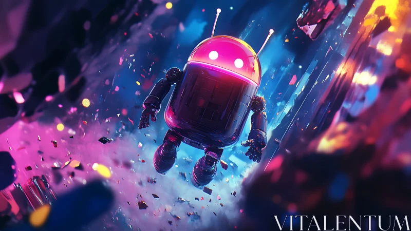 Neon Drift Droid Navigates a Shattered Cosmic Alleyway.