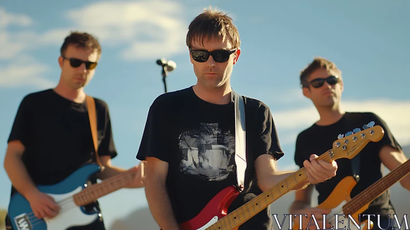 Three guitarists stand outdoors performing under clear sky