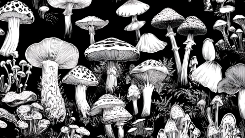 Monochrome botanical plate of diverse forest mushroom species