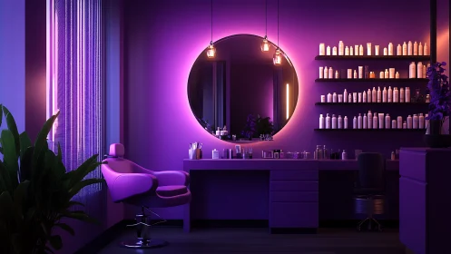 Neon-soaked salon sanctuary under a glowing lunar mirror.