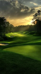 Sunlit golf fairway renders sculpted contours at dusk