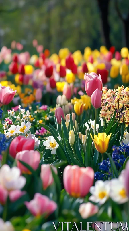 Spring flower garden with pink tulips and daisies in focus