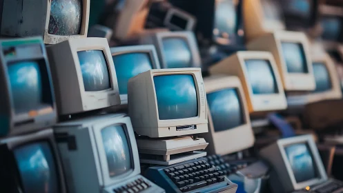 Stacked vintage CRT computers form dense retro-techscape