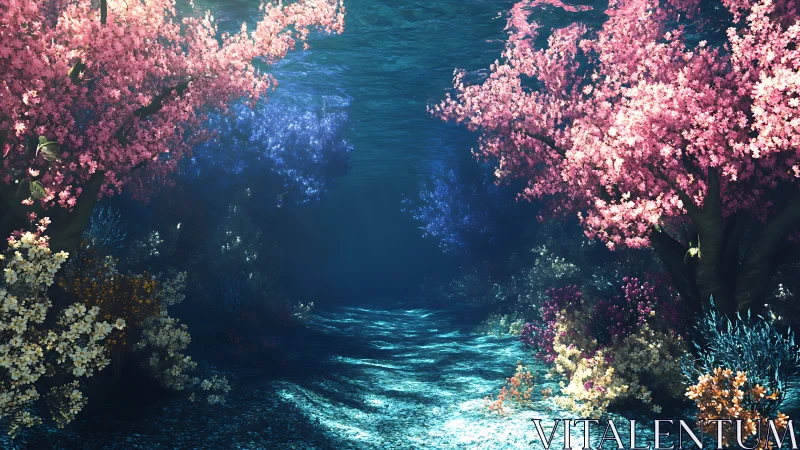 Dreamlike underwater grove glows with ethereal cherry light