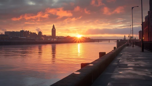 Urban riverfront sunrise ignites reflective waterfront sky.
