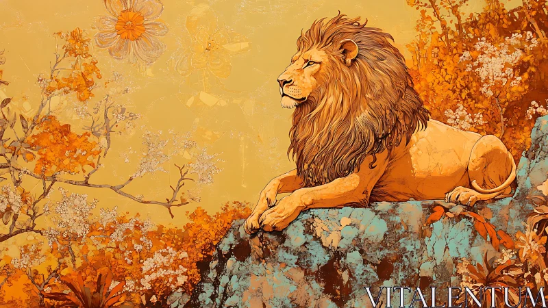 Majestic lion on rocky ledge amid golden floral forest.