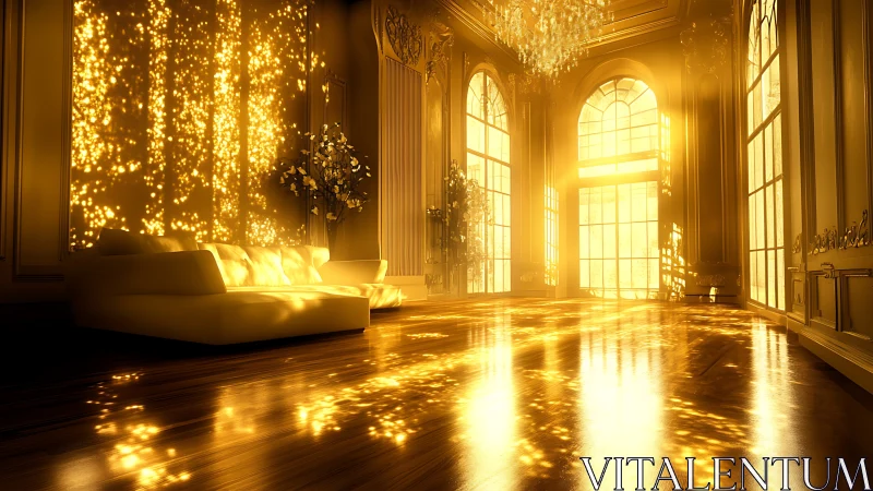 Golden palace lounge flooded with luminous sunset light.