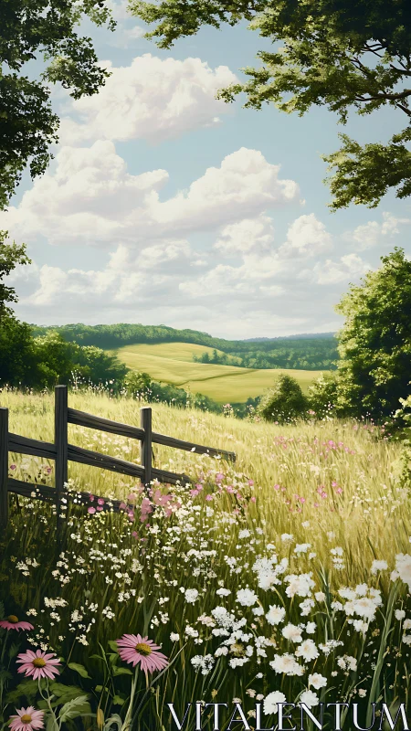 Wildflower pasture and rolling hills under bright summer sky.