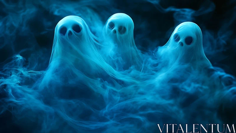 Three translucent ghost figures emerging from blue mist.