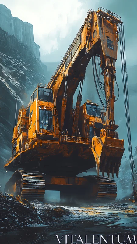 Massive orange mining excavator in a cold rocky canyon.