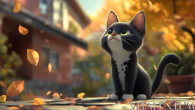Black and white kitten watches golden autumn leaves fall.