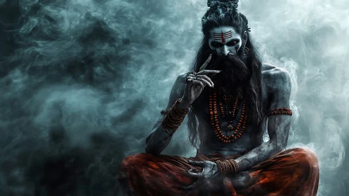 Ascetic mystic seated in swirling cyan smoke with vermilion accents.