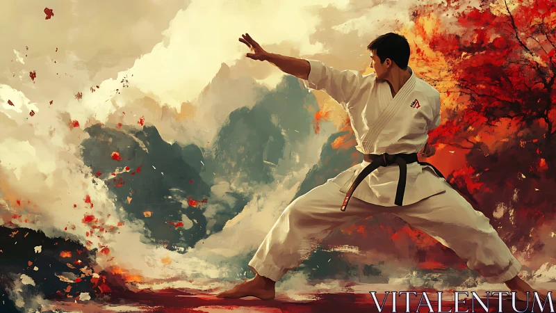 Martial artist in dynamic stance amid abstract autumn storm.