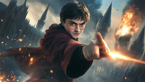 Young robed figure extends lit wand amid burning towers