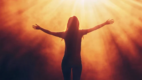 Silhouette of Woman Embracing Sunlight in Warm Radiant Scene.