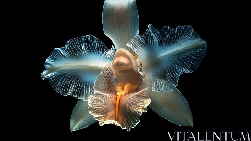 Translucent orchid macro with backlit rippled petals view.