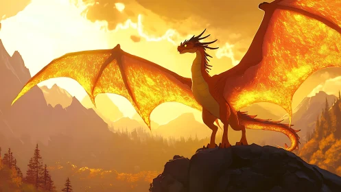 Fiery mountain dragon spreads glowing wings at sunset.