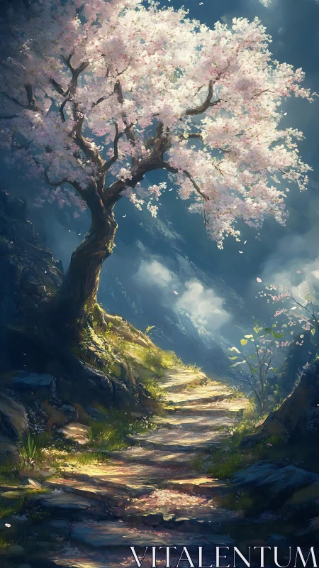 Curved dirt path passes beneath single flowering tree