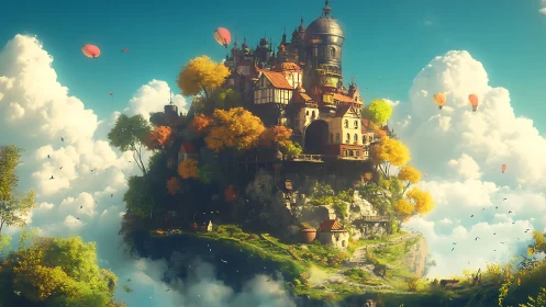 Floating hillside village basking in golden autumn light.