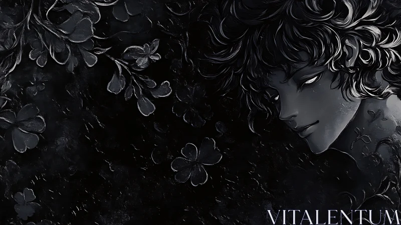 Monochrome profile portrait merges with dark floral ground