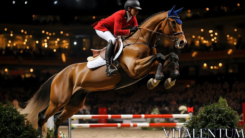 Show jumper and horse captured mid-air under arena lights