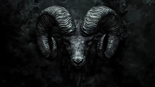 Dark horned ram portrait with heavy textured details.