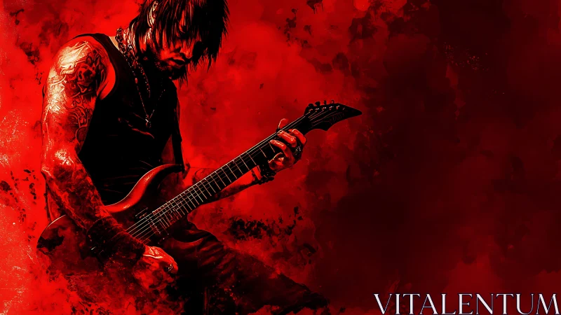 Tattooed rock guitarist shreds against blazing red backdrop