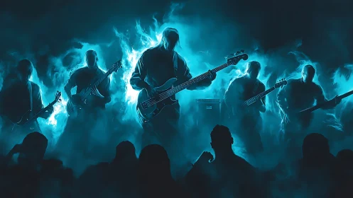 Electric rock band onstage in blue smoke filled concert scene.