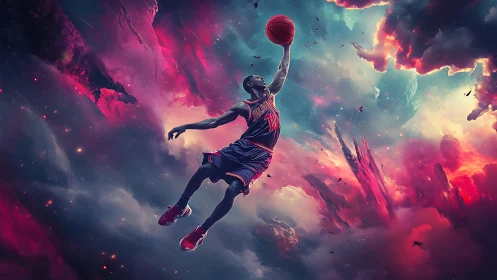 Cosmic basketball dunker suspended in neon storm clouds