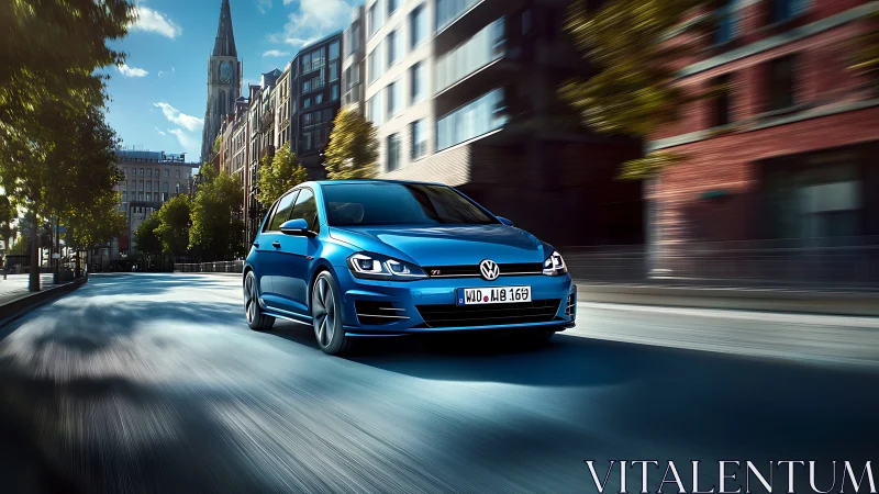 Blue Volkswagen hatchback driving on empty city street.