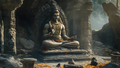 Sacred stone Shiva statue rests in a misty jungle temple.