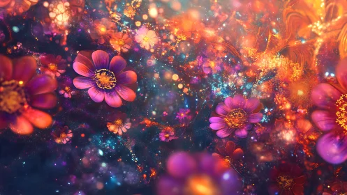 Cosmic neon flowers in radiant abstract galaxy field.