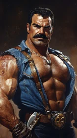 Muscular man in denim vest is depicted in detailed portrait