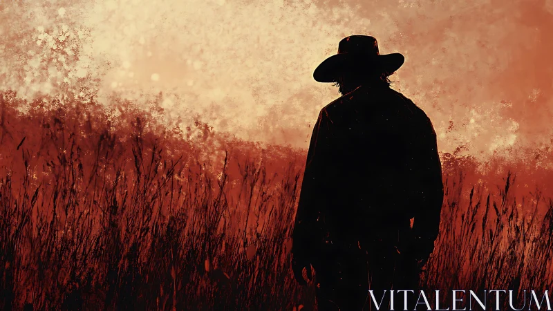 Silhouetted cowboy in crimson field at atmospheric sunset.