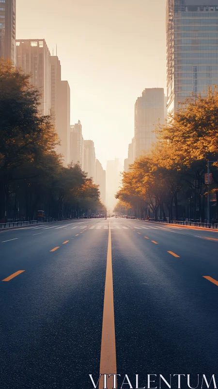 Sunlit urban boulevard with vanishing-point composition.