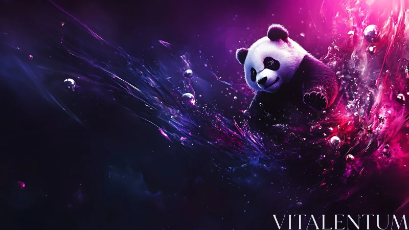 Neon cosmic panda surges through radiant purple splash.