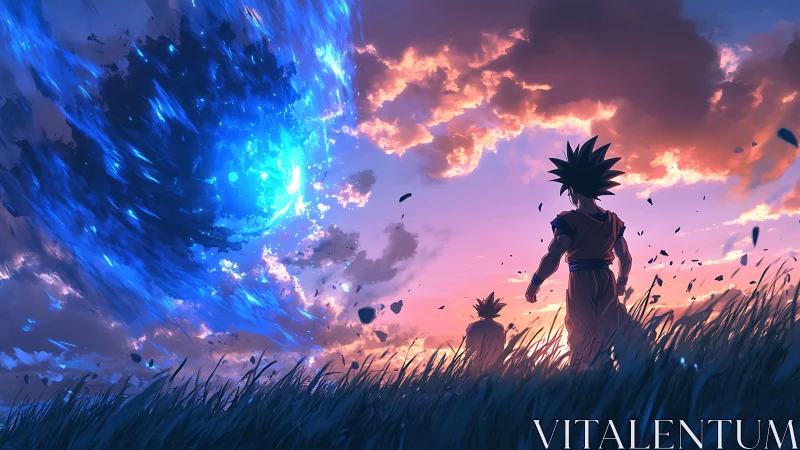 Energetic sky rift confronting spiky-haired warriors at dusk.