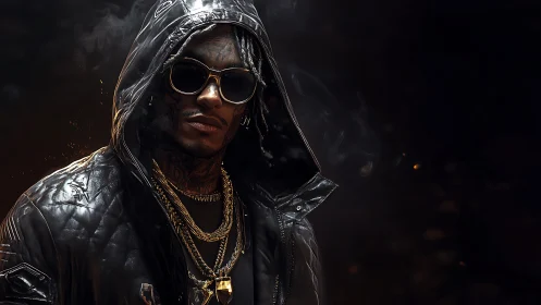 Hooded street icon in reflective jacket with layered chains.