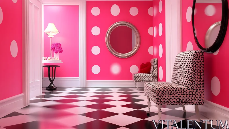 Playful pink polka-dot lounge with chic retro charm.