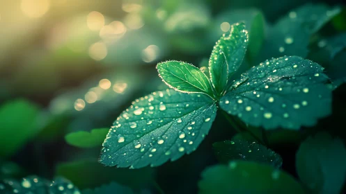 Dew-covered leaf macro in luminous backlit garden setting.