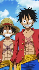 Twin straw-hat daredevils grinning beneath an ocean sky.