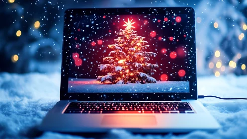 Laptop portal glows with a sparkling digital Christmas tree