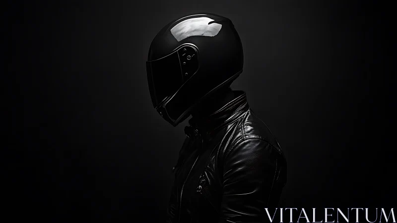 Motorcyclist in black helmet and jacket on dark background.