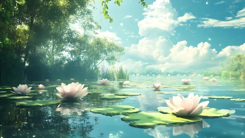 Serene sunlit pond with blooming water lilies under cumulus sky