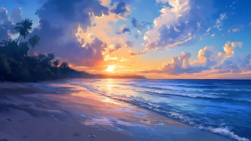 Tropical beach sunset illuminates clouds and reflective surf