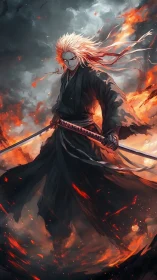 Blazing swordsman strides through stormlit inferno skies.