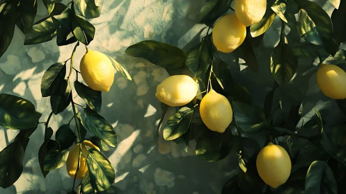 Sunlit lemon branches with high-contrast foliage and textured rind