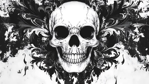 Symmetrical skull illustration merges baroque flourishes and ink splatter