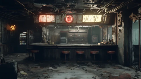 Neon ghosts linger above a ruined retro diner barroom.